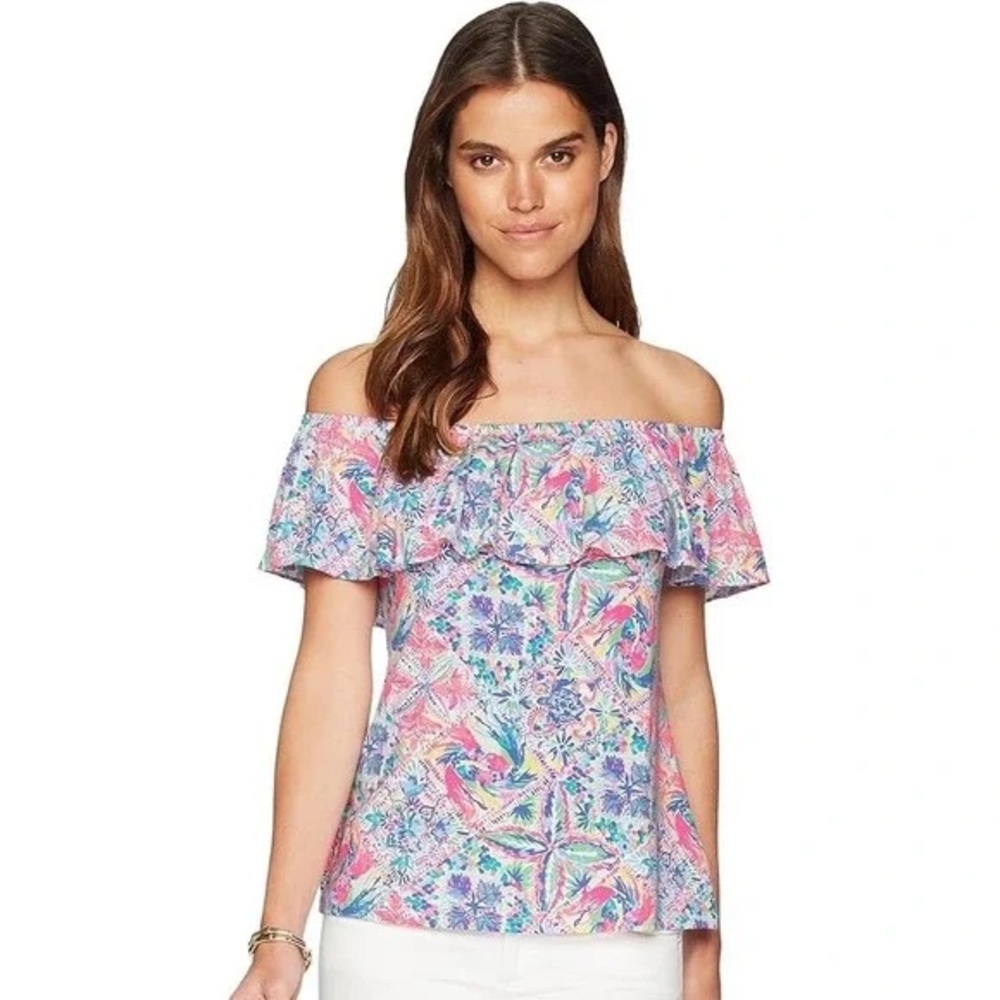 Lilly Pulitzer La Fortuna Dancing On Deck Off Shoulder Ruffle Top